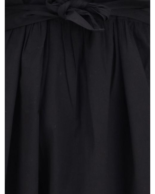 Ganni Black Stretch Cotton Midi Shirt Dress With Puff Sleeves And V-Neck