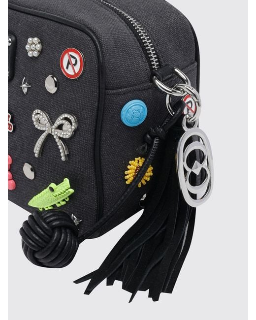 La Carrie Black Embroidered Canvas Mini Camera Bag With Studs