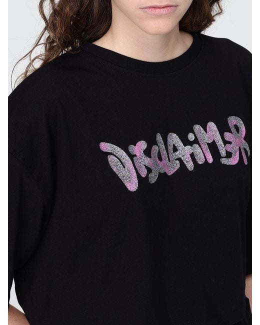 DISCLAIMER Black Cropped Cotton T-Shirt With Printed Logo And Crew Neck