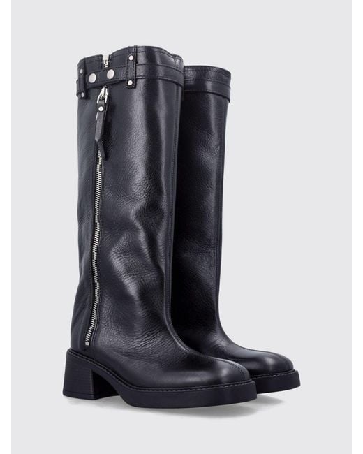 Miista Blue Knee-High Leather Biker Boots With Side Zip