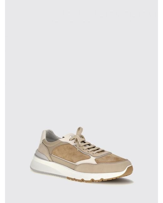 Brunello Cucinelli White Bicolor Suede And Leather Low-Top Sneakers With Serrated Sole for men