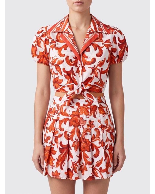 Dolce & Gabbana Red Dolce &Amp Gabbana Majolica Print Cropped Cotton Shirt With Front Tie