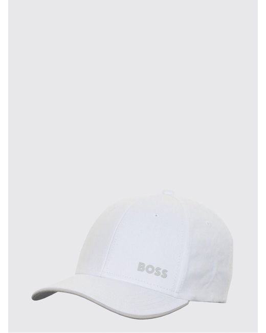 Boss White Cotton Hat With Logo Print for men
