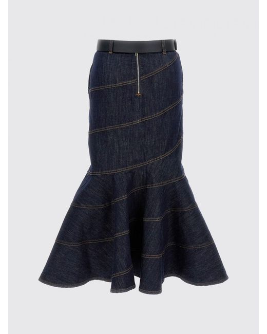 Self-Portrait Blue Striped Denim Flared Midi Skirt With High Waist And Belt