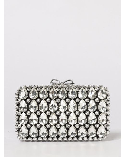 Self-Portrait White Satin Clutch With Rhinestones