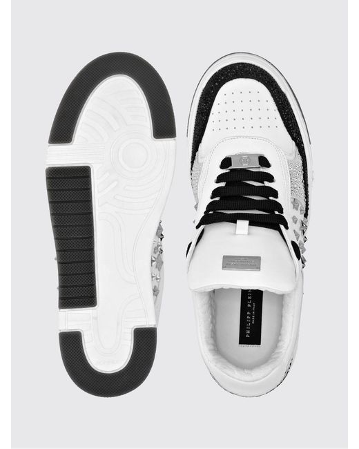 Philipp Plein White Low-Top Leather And Suede Sneakers With Studs And Rhinestones for men