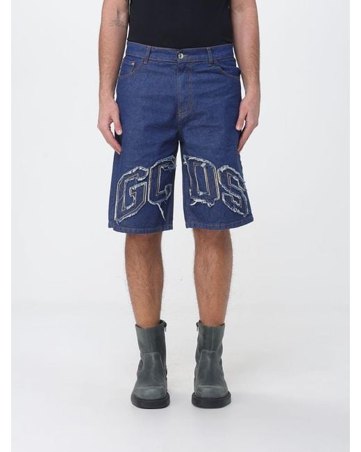 Gcds Blue Cotton Denim Bermuda Shorts With Embroidered Logo for men