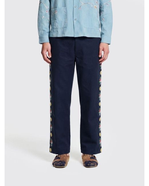 BAZISZT Blue Wide Leg Cotton Pants With Embroidered Details And Zip Fly for men