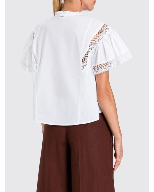 Twinset White Stretch-Cotton Shirt With Macramé Inserts