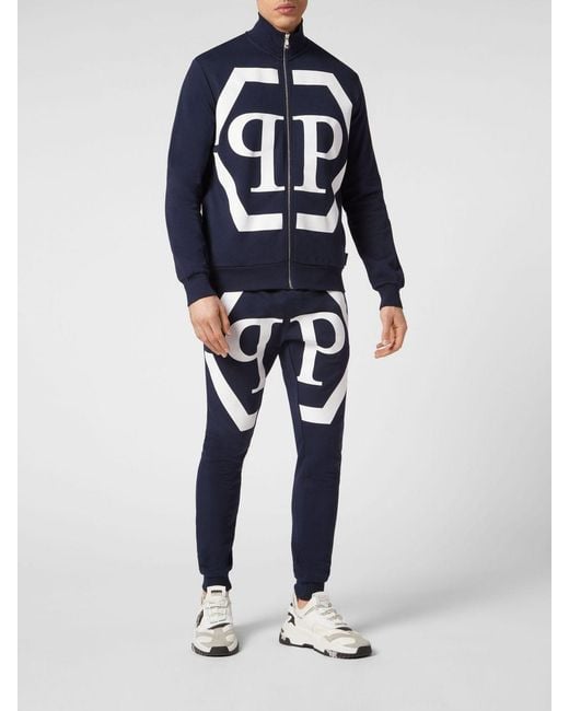 Philipp Plein Blue Cotton Zip-Up Sweatshirt With High Neck And Monogram Hexagon Logo for men