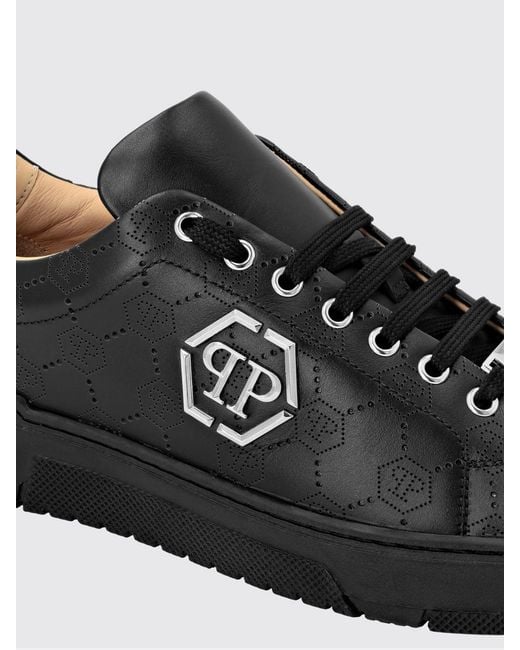 Philipp Plein Black Low-Top Leather Sneakers With Rhinestone Hexagon Logo for men