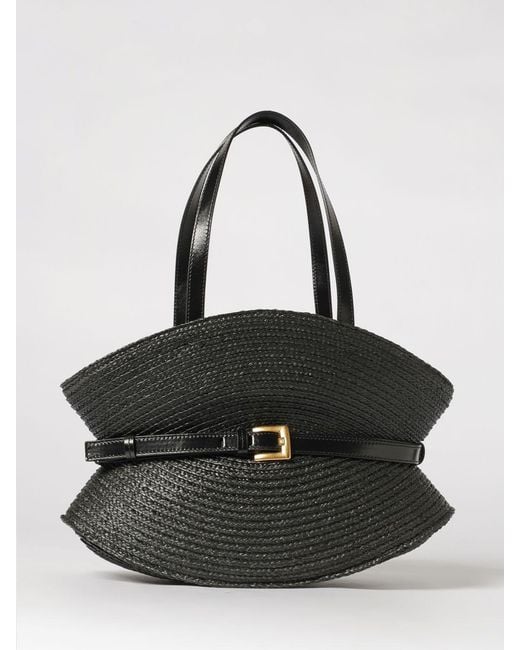 Balmain Black Shuffle Medium Raffia And Leather Bag