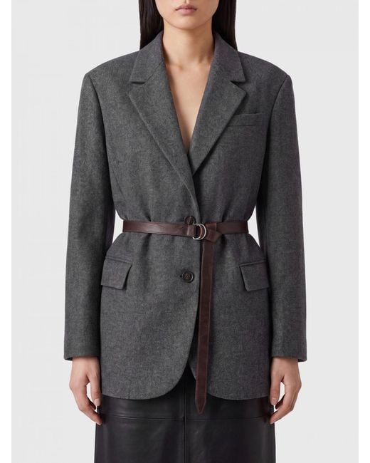 Brunello Cucinelli Gray Single-Breasted Virgin Wool And Cashmere Belted Blazer