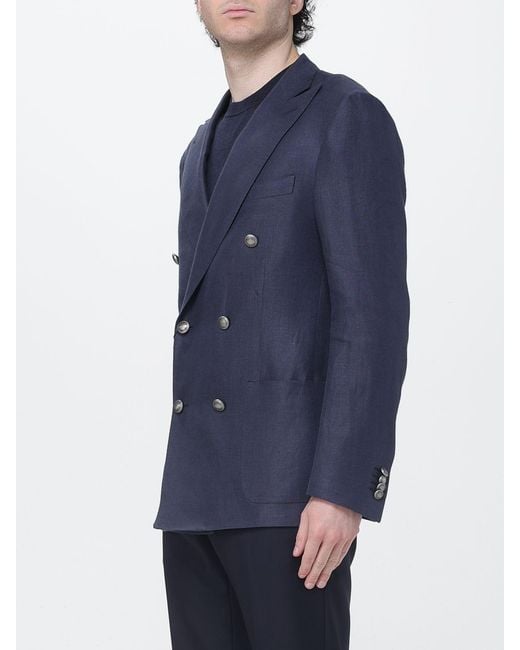 Corneliani Blue Double-Breasted Linen Blazer for men