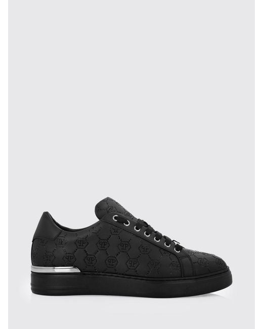 Philipp Plein Black Leather Sneakers With Rhinestone Hexagon for men
