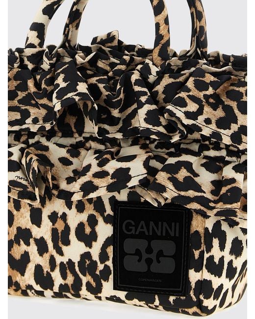 Ganni Brown Animal Print Canvas Bag With Ruffles