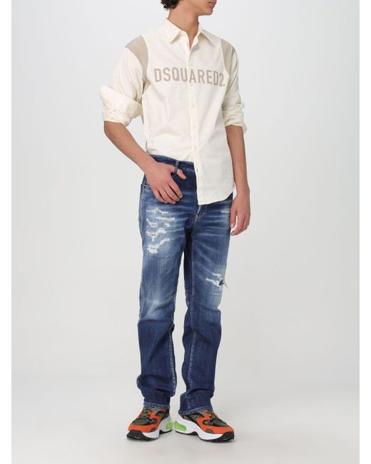Camicia in cotone stretch con logo di DSquared² in White da Uomo