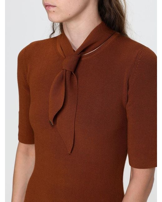 Elisabetta Franchi Brown Knit Mini Dress With Pussy-Bow Collar And Pockets