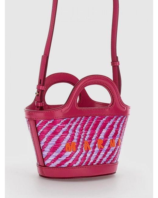Marni Pink Tropicalia Mini Raffia And Leather Bag With Embroidered Logo