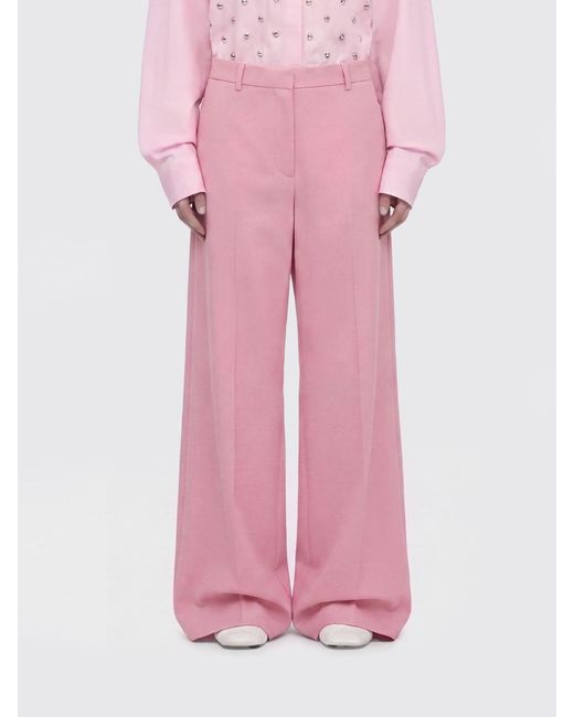 MSGM Pink Wide Leg Cotton Poplin Trousers With Mid-Rise Waist