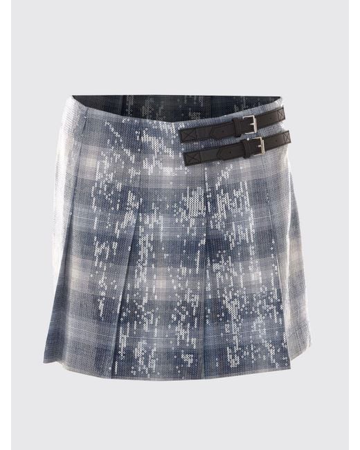 Pinko Blue Gongora Check Pleated Mini Skirt With Sequins And Side Buckle