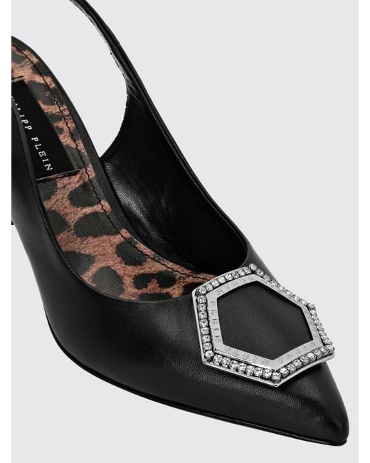 Philipp Plein Black Leather Slingback Pumps With Jewel Buckle And Stiletto Heel