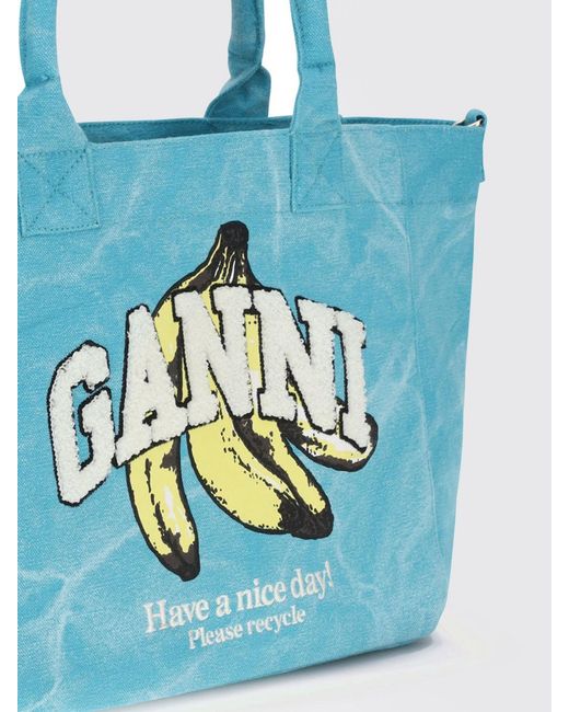 Ganni Blue Recycled Cotton Tote Bag With Fruit Print And Embroidered Logo