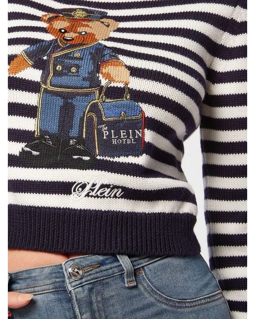 Philipp Plein Blue Cropped Striped Teddy Bear Wool Blend Jumper