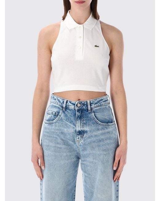 Lacoste Blue Cropped Stretch Cotton Polo Top With Classic Collar