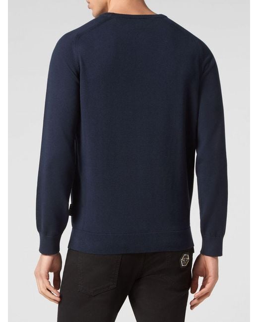 Philipp Plein Blue Long-Sleeved Cotton Crewneck Sweater With Ribbed Cuffs for men