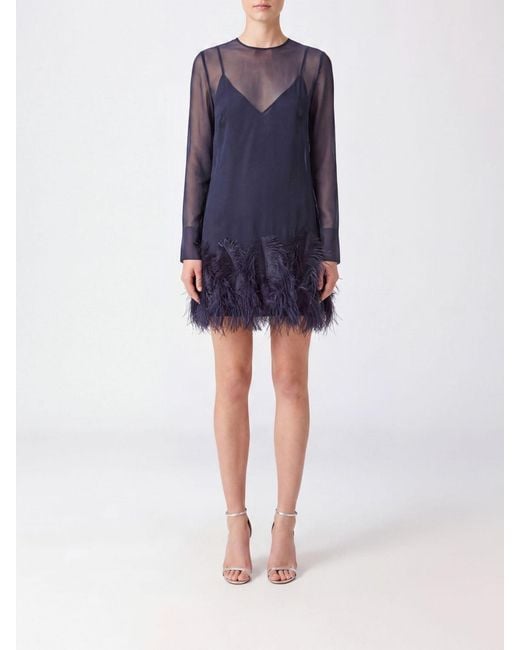 Semicouture Blue Long-Sleeved Chiffon Mini Sheath Dress With Feathers
