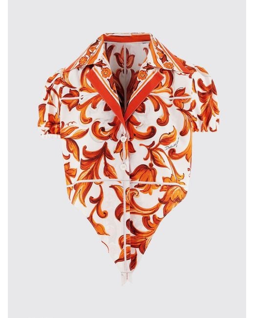 Dolce & Gabbana Red Dolce &Amp Gabbana Majolica Print Cropped Cotton Shirt With Front Tie