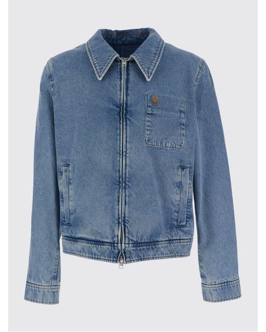 AMI Blue Cotton Denim Zip-Up Jacket With Embroidered Logo for men