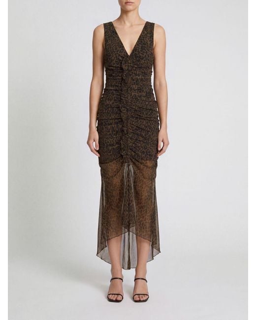 ROTATE BIRGER CHRISTENSEN Brown Animalier Print Ruched Off-The-Shoulder Midi Sheath Dress