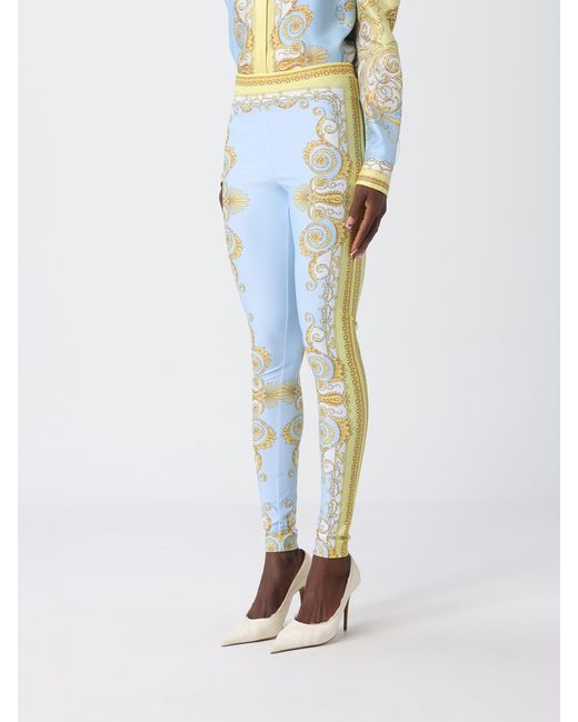 Versace Blue Stretch Fabric Leggings With Baroque Print