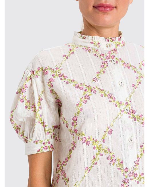 Twinset White Floral Print Cotton Shirt With Puff Sleeves