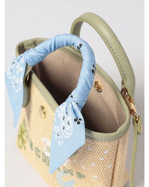 Longchamp Blue Le Pliage Collection Floral Embroidery Raffia Mini Tote