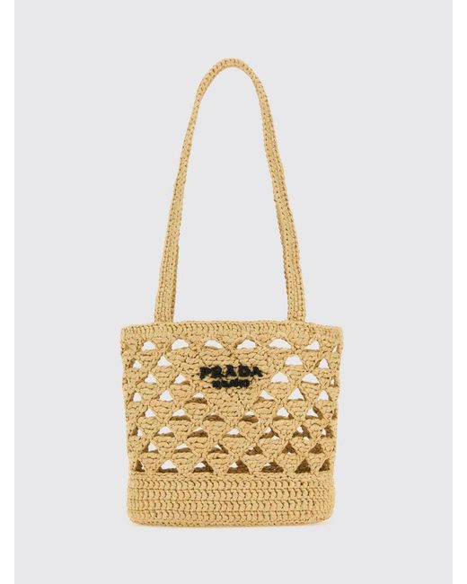 Prada Metallic Mini Embroidered Logo Perforated Crochet Raffia Bag