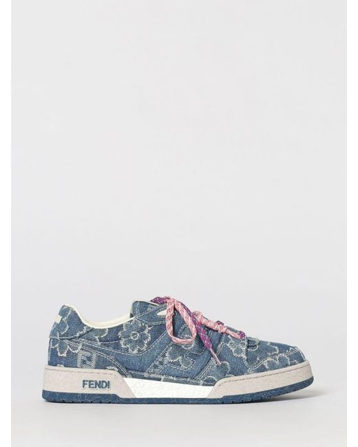 Fendi White Match Cotton Denim Sneakers With Jacquard Flowers