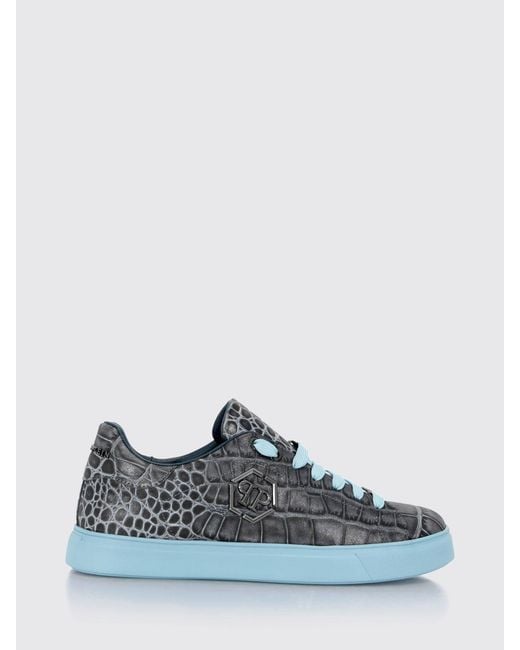 Philipp Plein Blue Crocodile-Print Leather Low-Top Sneakers With Hexagon Logo for men