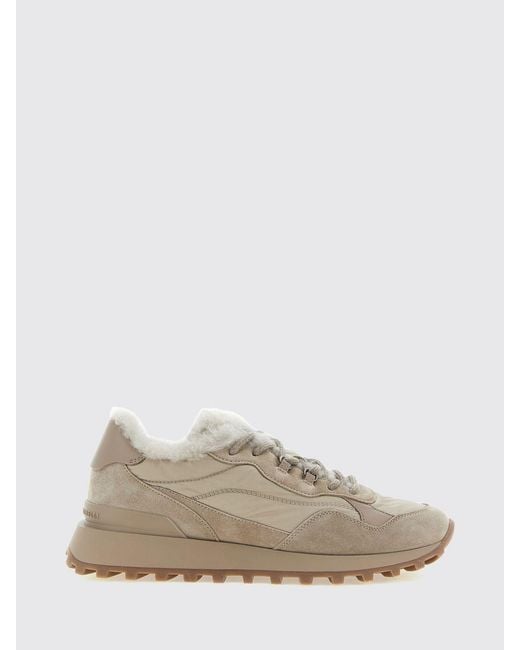 Brunello Cucinelli White Suede And Nylon Low-Top Sneakers With Shearling Lining