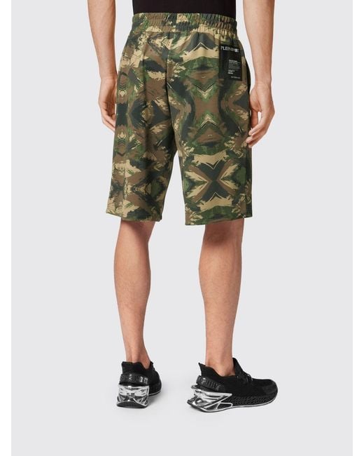 Philipp Plein Green Jersey Sports Shorts With Camouflage Print And Elasticated Waist for men
