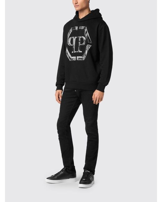 Philipp Plein Black Cotton Hoodie With Hexagon Logo And Monogram for men