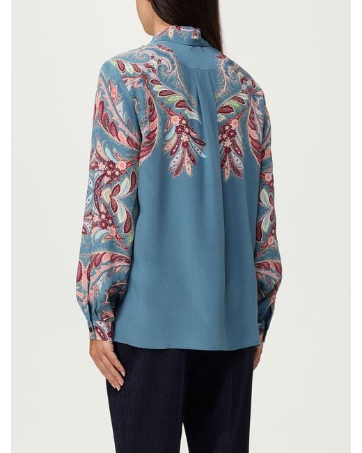Etro Blue Silk Shirt With Placed Paisley Foliage Print