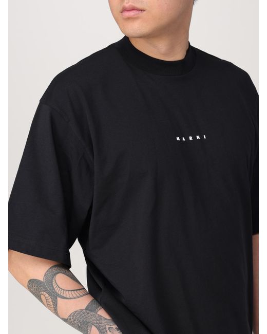 Marni Black Cotton T-Shirt With Logo Print for men