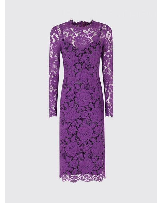 Dolce & Gabbana Purple Dolce &Amp Gabbana Long-Sleeved Lace Midi Sheath Dress