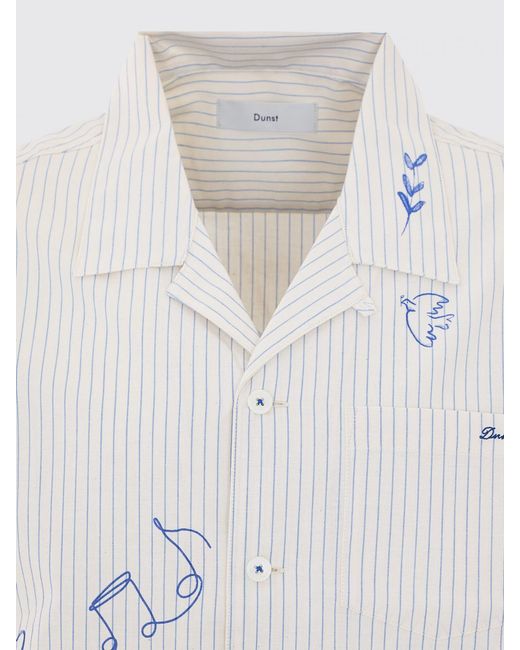DUNST White Striped Cotton Bowling Shirt With Cuban Collar And Contrast Logo