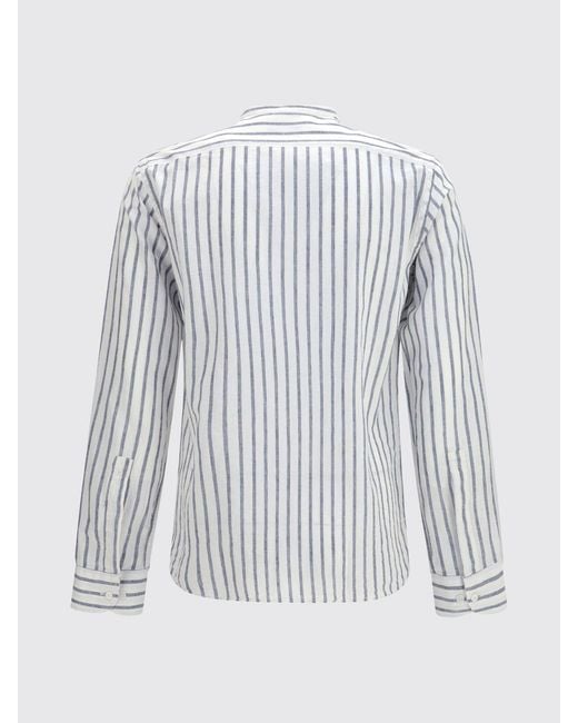 Brooksfield White Striped Linen And Cotton Blend Shirt With Mandarin Collar for men