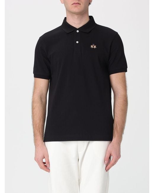 La Martina Black Cotton Polo Shirt With Logo for men