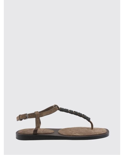 Brunello Cucinelli Brown Suede Thong Sandal With Monile